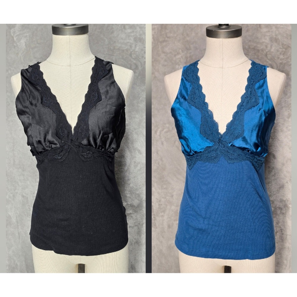 Y2K Charlotte Russe Tank Top Women L Lace Satin Trim Ribbed Empire Waist V 2 Pk